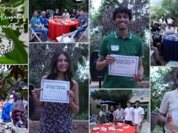 collage of students holding up award certificates and people gathered around blue and red covered tables.