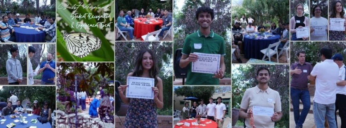 collage of students holding up award certificates and people gathered around blue and red covered tables.