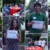 collage of students holding up award certificates and people gathered around blue and red covered tables.